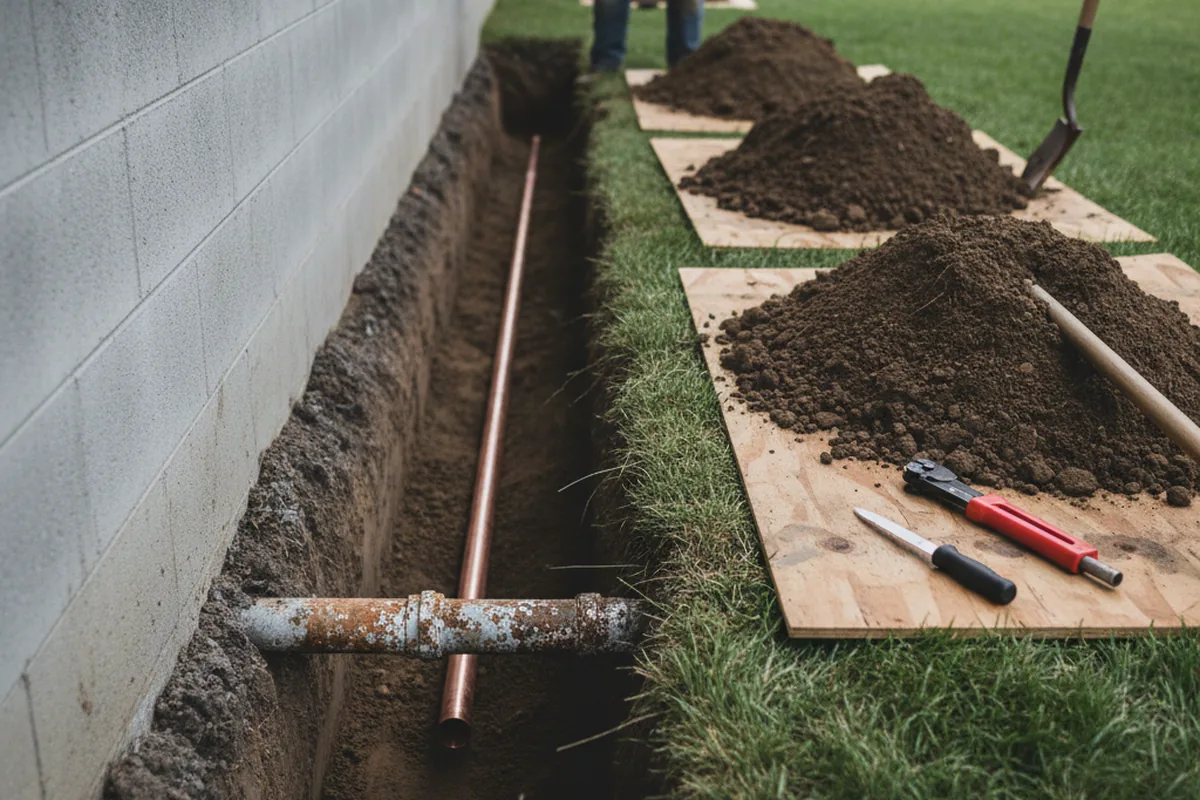 Excavated water line trench during Sewer Line Repair in Saint Stephen
